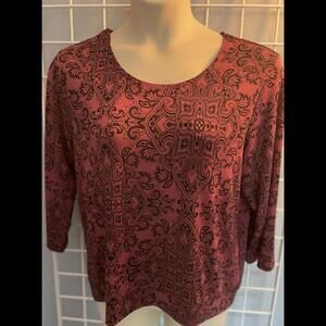 CHICOS EasyWear Sz 3 (XL/16) Rust Brown/Black Print Knit Top